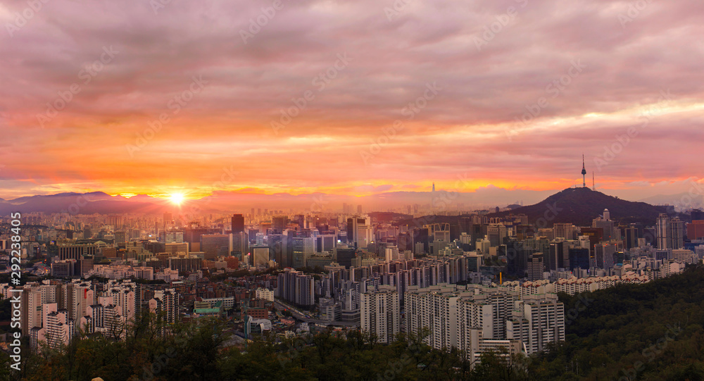 Seoul South Korea City Skyline at Sunrise with seoul tower.