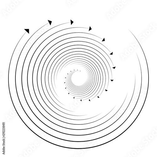 Plexus, wire-frame radial circles with nodes. Geometric spiral for technology, block chain, circuit like themes. Cycle rings design. Swirl, twirl, vortex concentric lines. 