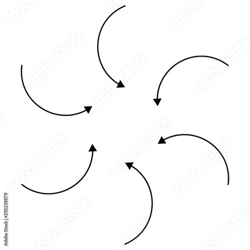 Inward circular, radial arrows for tighten, collision and collide themes. Collapse,  denture cursor illustration. Diminish, merge concept pointer element