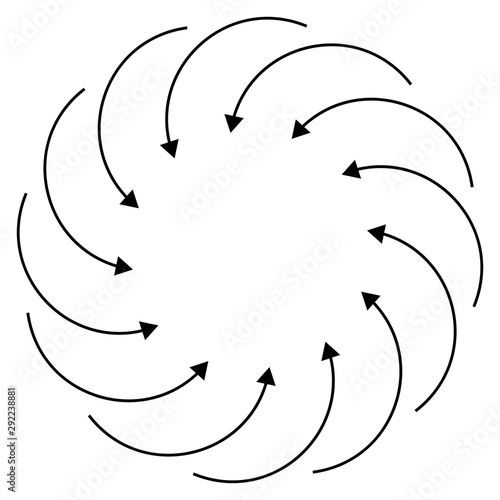 Inward circular, radial arrows for tighten, collision, collide themes. Collapse,  denture cursor illustration. Diminish, merge concept pointer element
