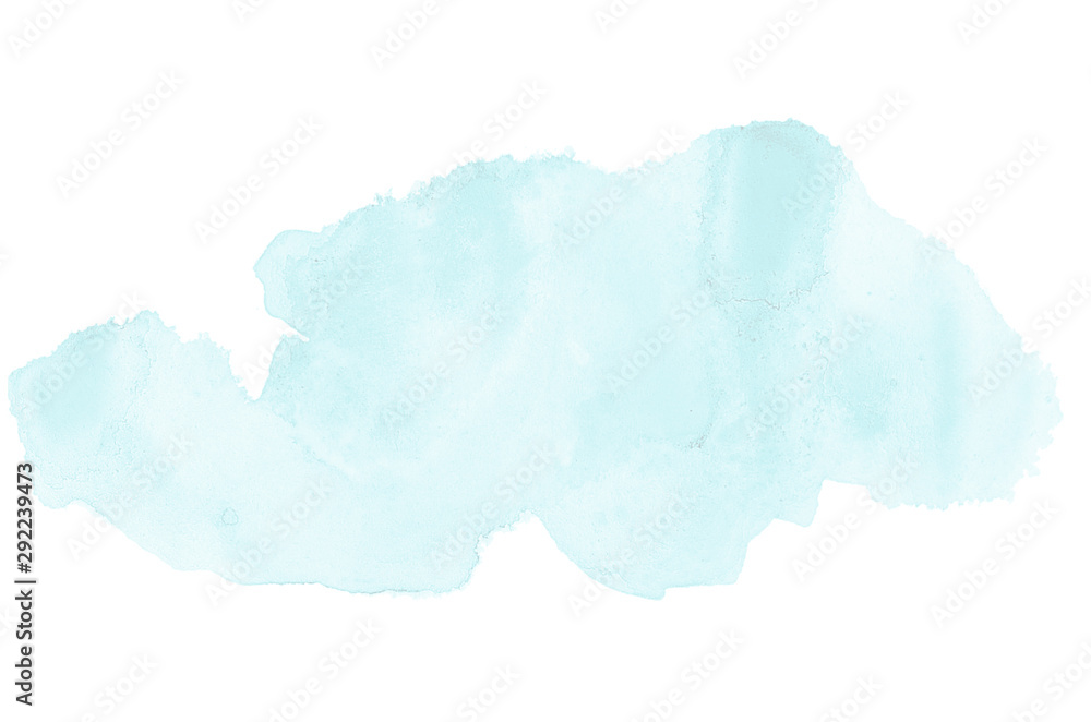 Abstract watercolor background image with a liquid splatter of aquarelle paint, isolated on white. Light blue tones