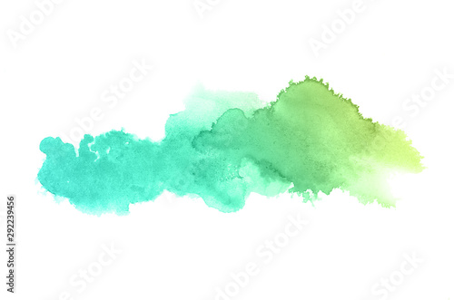 Abstract watercolor background image with a liquid splatter of aquarelle paint, isolated on white.Green and yellow pastel tones