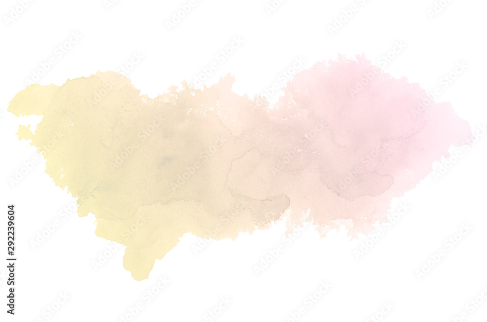 Fototapeta Abstract watercolor background image with a liquid splatter of aquarelle paint, isolated on white. Pink and yellow tones