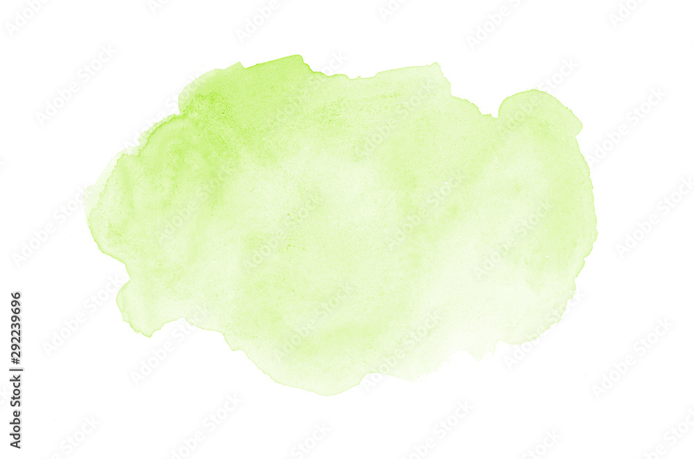 Abstract watercolor background image with a liquid splatter of aquarelle paint, isolated on white. Green tones