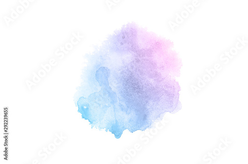 Abstract watercolor background image with a liquid splatter of aquarelle paint, isolated on white. Pink and blue pastel tones
