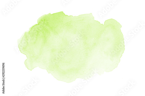 Abstract watercolor background image with a liquid splatter of aquarelle paint, isolated on white. Green tones