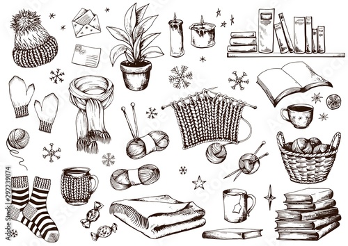 Hygge Home sketch. Collection of knitting accessories, clothes, houseplant and books. Hand drawn vector illustration.