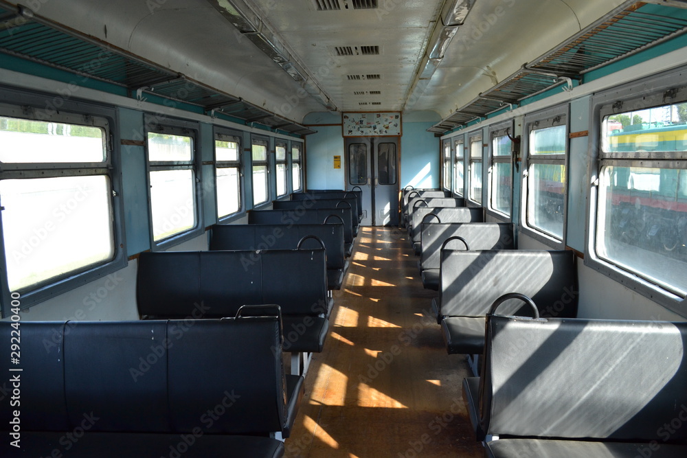 View of the inside of an electric train car. Old train. View of the inside of an electric train car. Old train.