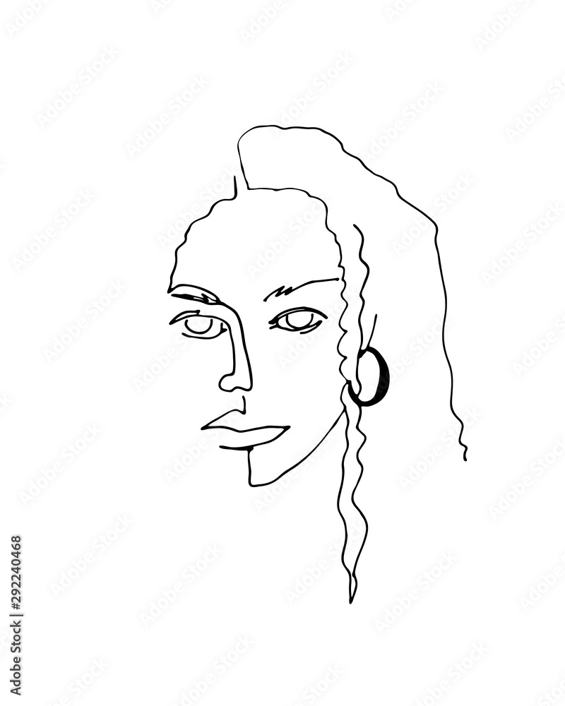Linear abstract woman face with curly hair. Continuous line art. One