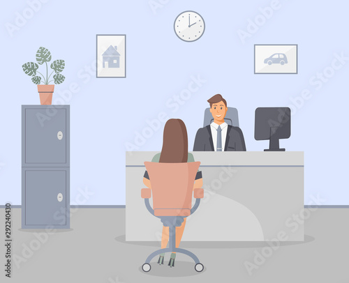 Bank office or insurance company: bank employee sitting behind tables and serving bank customer. Elegant interior with wall clock and paintings with house and car.Safe.Vector illustration