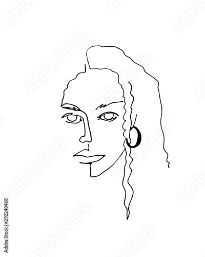 Linear abstract woman face with curly hair. Continuous line art. One line drawing. Minimalist graphic.