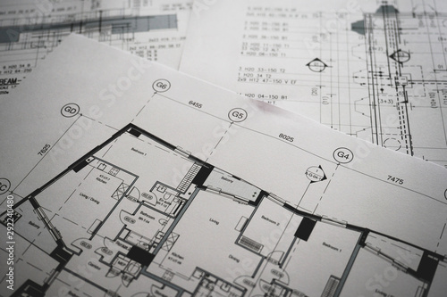 Detail view of architectural and structural construction drawings. Landscape format. photo