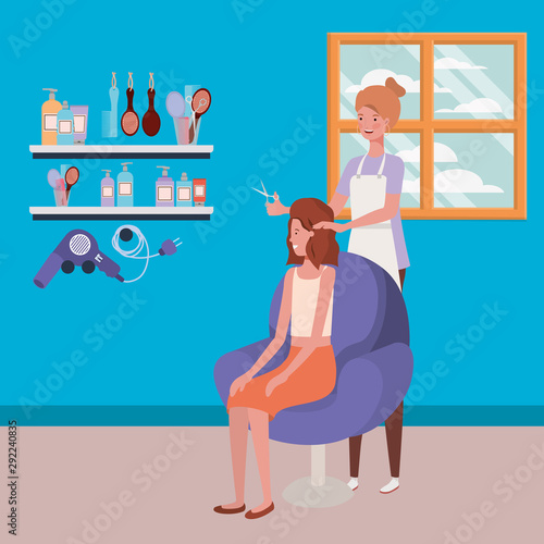 stylist fixing hair to client in the salon characters