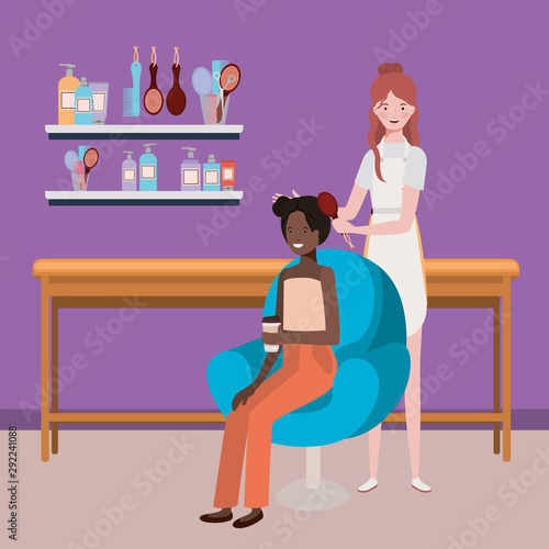 stylist fixing hair to client in the salon characters