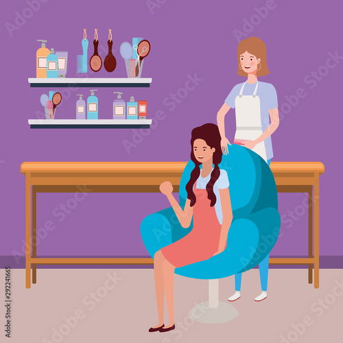 stylist fixing hair to client in the salon characters