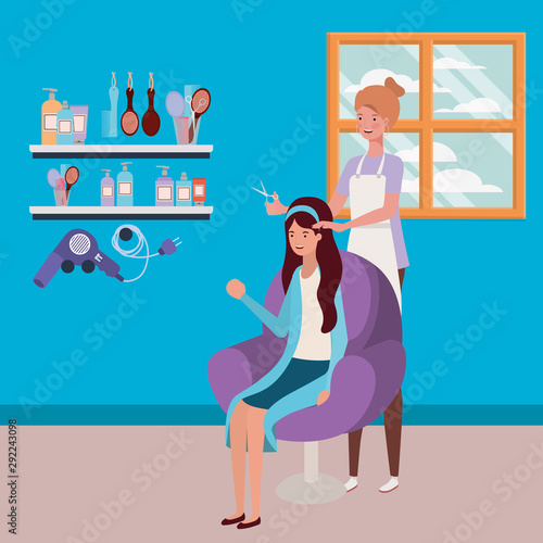 stylist fixing hair to client in the salon characters