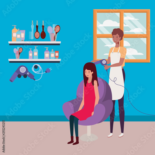 stylist fixing hair to client in the salon characters