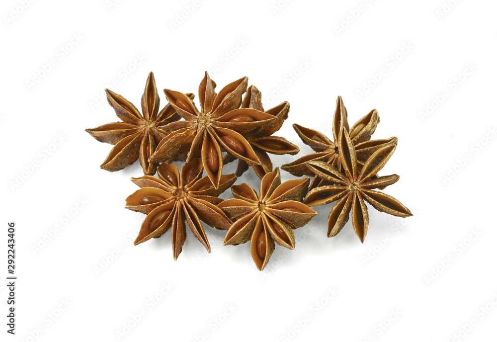 dry star anise fruits isolated on white. Star anise spice fruits and seeds isolated on white background closeup dry star anise fruits isolated on white. Star anise spice fruits and seeds isolated on white background closeup