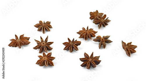 dry star anise fruits isolated on white. Star anise spice fruits and seeds isolated on white background closeup
