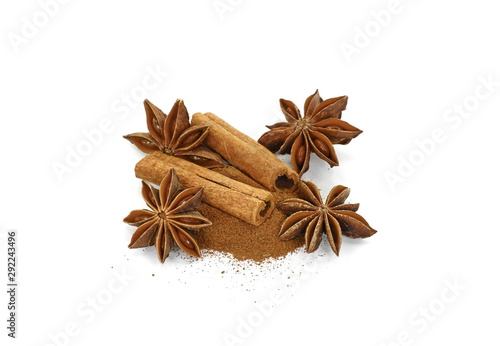 Cinnamon sticks and anise star isolated on white background close up. Spice Cinnamon sticks and anise star.