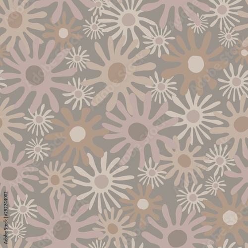 Hand drawn naive daisy bloom seamless pattern. Tossed floral background. Soft grey neutral muted tones. All over print for asian homespun zakka craft, home decor, stationery. Vector repeat eps10
