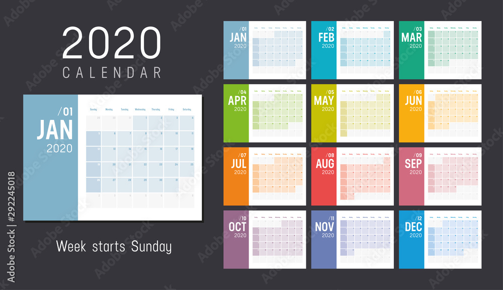 Colorful 2020 horizontal monthly calendar - obrazy, fototapety, plakaty 