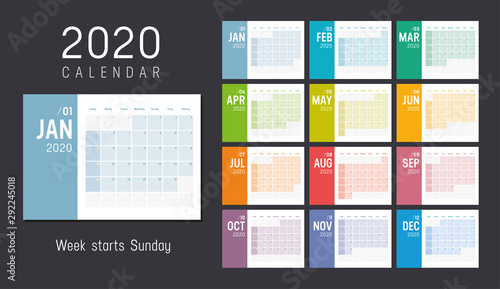 Colorful 2020 horizontal monthly calendar