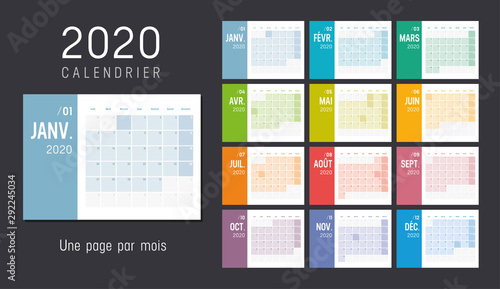 Calendrier Agenda 2020 couleur. Une page par mois.