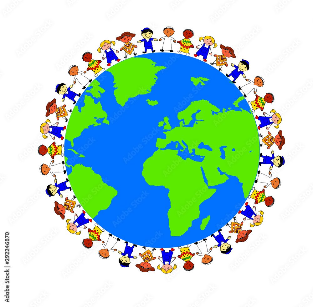 Illustration of a set of children from different nations, races and cultures surrounding the planet Earth