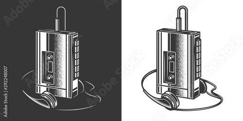 Original monochrome vector illustration. Old cassette player with retro style headphones