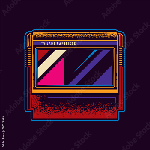 Original neon vector illustration of 8-bit console game cartridge in retro style