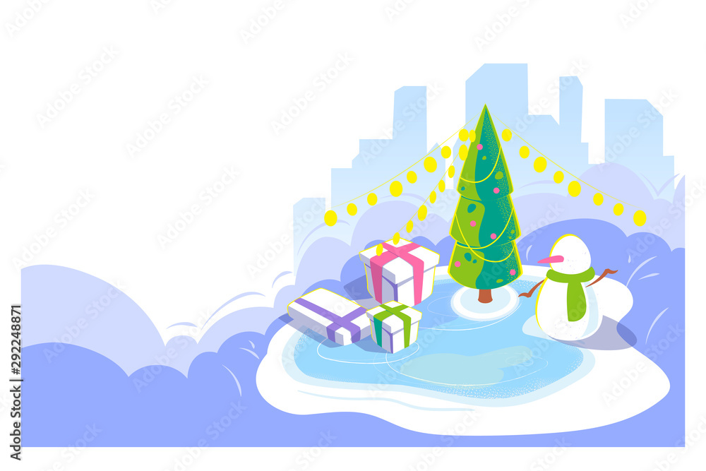 New year and Christmas outdoor scene. Winter cityscape background with snowman and christmas tree, giftbox on ice rink. Cold season holydays card. Isometric view, Vector lending illustration.