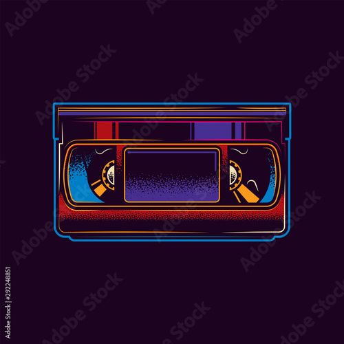 Original neon vector illustration.Old VHS videotape in retro style
