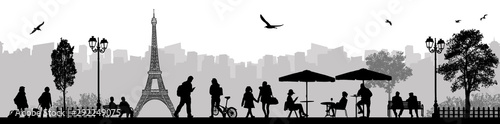 Vector illustration of landscape and city street scene with people and Eiffel Tower