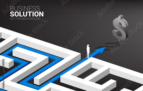 Silhouette of Businessman on route path to exit the maze to dollar icon. Concept for business mission and way to company profit