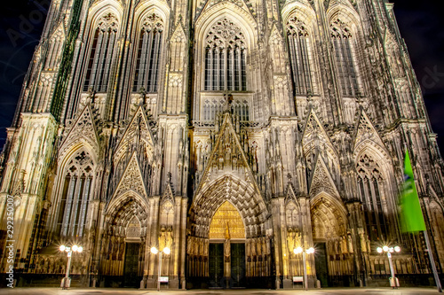 Night View of Cologne Cathedral (Kolner Dom) Cologne city skyline at night, North Rhine Westphalia region, Germany.