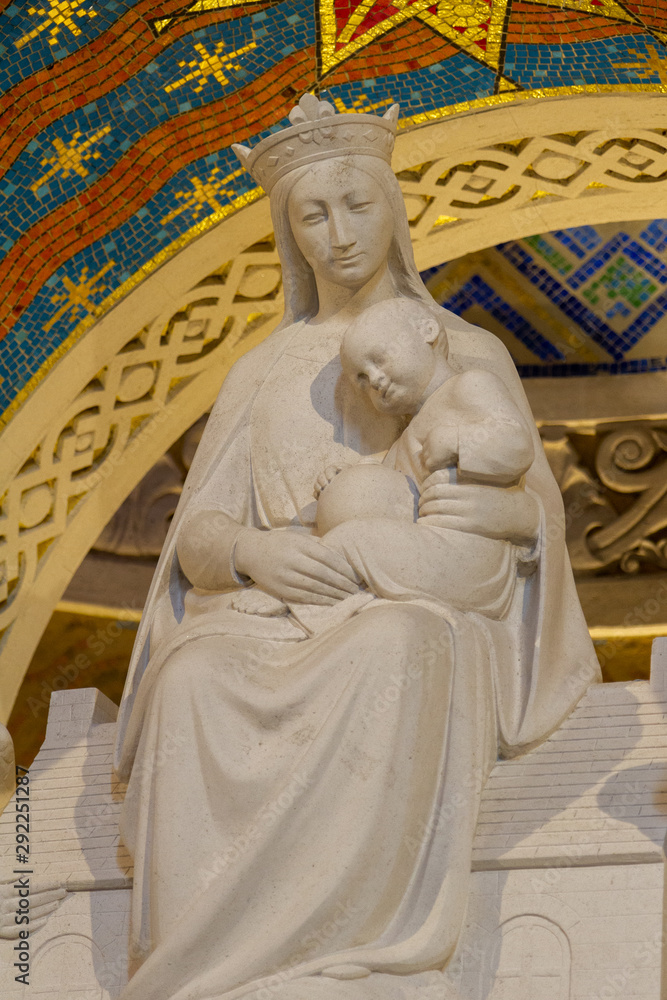 Ablain-Saint-Nazaire, France. 2019/9/14. Statue of the Virgin Mary with Infant Jesus in the Church of Notre-Dame-de-Lorette at the memorial of the WW I (1914-1918).