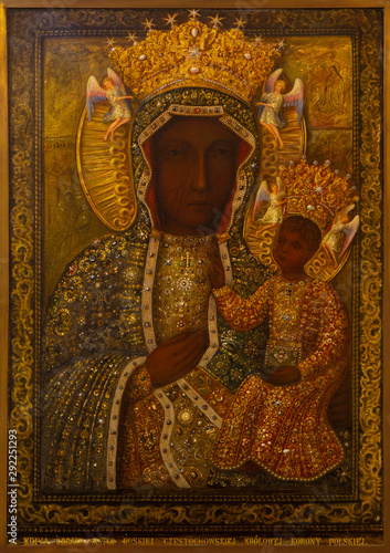Ablain-Saint-Nazaire, France. 2019/9/14. Icon of the Virgin Mary with Infant Jesus of Czestochowa, Poland in the Church of Notre-Dame-de-Lorette at the memorial of the WW I (1914-1918).