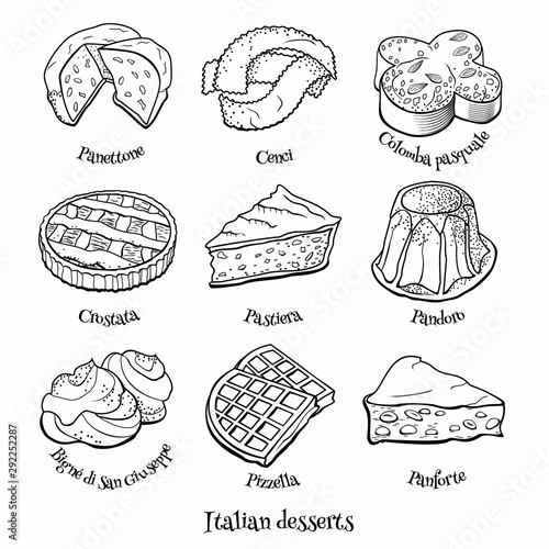 Collection of traditional Italian desserts. Hand drawn sketch in doodle style.