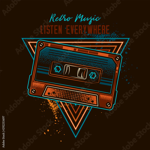 Original vintage vector illustration of audio cassette on the background of retro elements with text composition