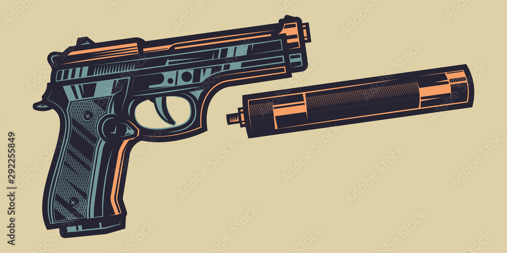 Fototapeta Original color vector illustration of a pistol with unfastened silencer in vintage style