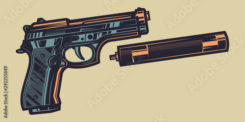 Original color vector illustration of a pistol with unfastened silencer in vintage style photo