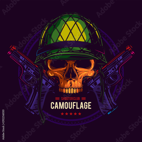 Original vector illustration in retro style. The neon emblem of the shooting club. Skull in military helmet with two pistols