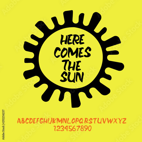  Hand drawn vintage retro font. Beatles Here Comes the Sun inspired typeface. Textured unique brush script style alphabet. Letters and numbers. Vector Illustration.