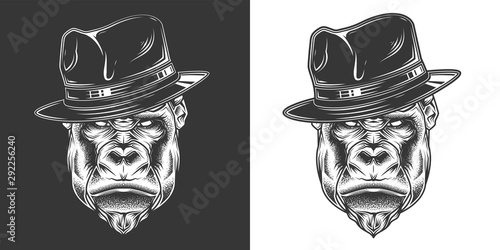 Original monochrome vector illustration. Evil gorilla head gangster in retro style hat. T-shirt or sticker design