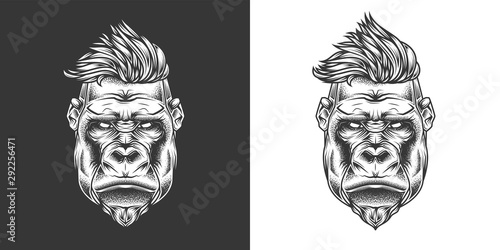 Original monochrome vector illustration. Hipster gorilla with stylish hairstyle . T-shirt or sticker design
