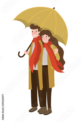 couple walking with autumn suit and umbrella characters