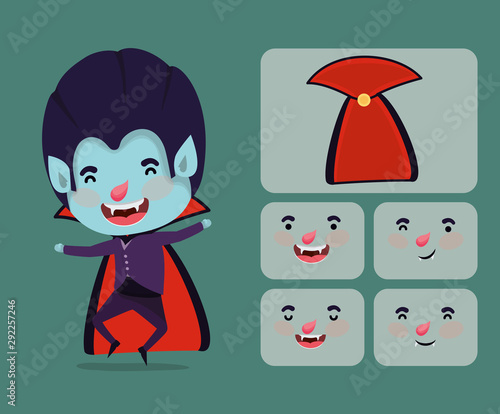 cute little boy with dracula costume and set icons