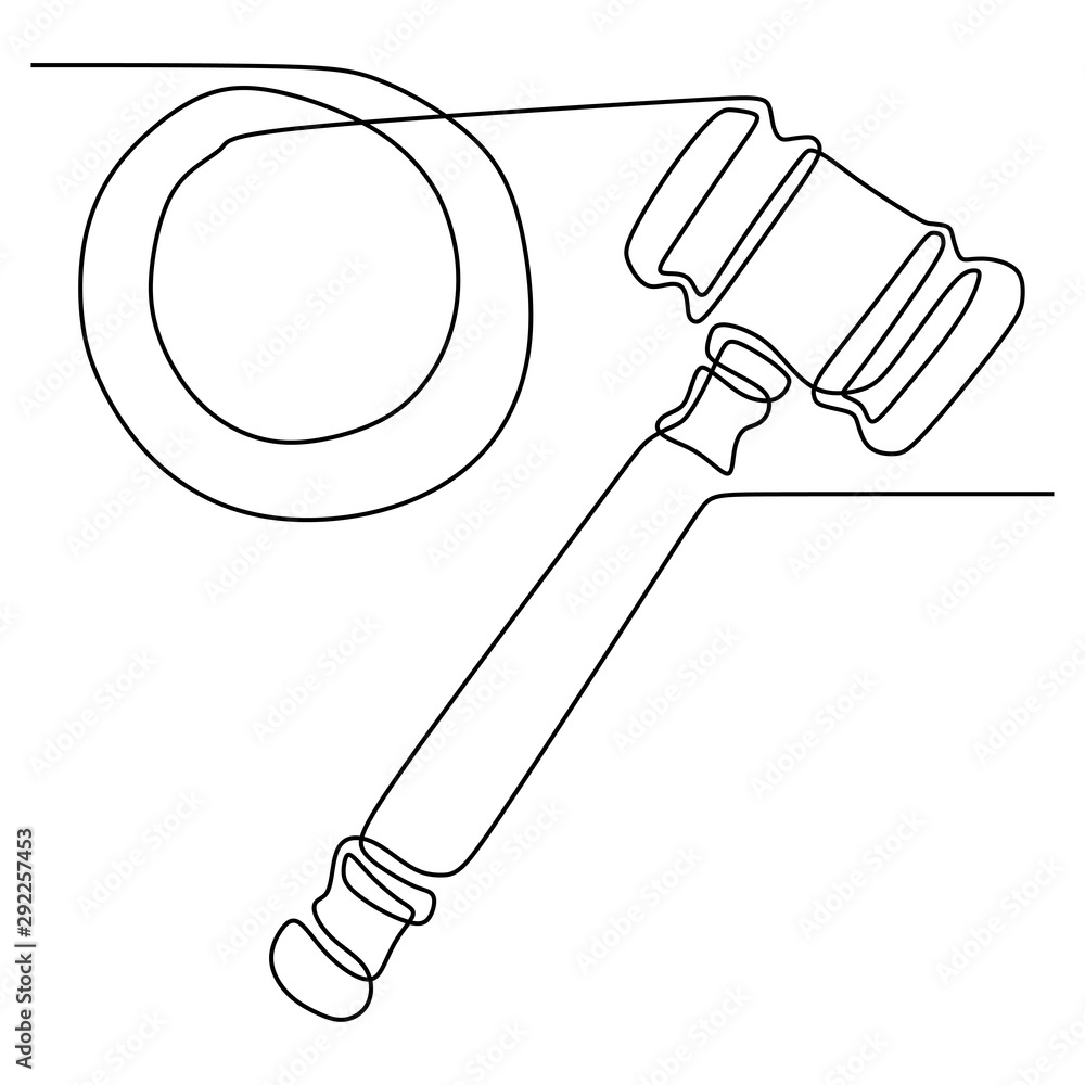 continuous line drawing of judge hammer law symbol sign hand drawn