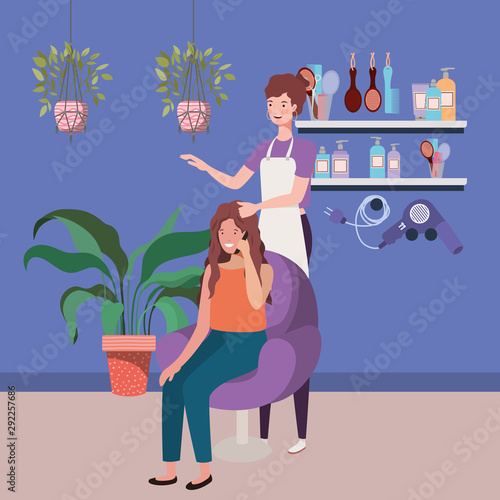 stylist fixing hair to client in the salon characters
